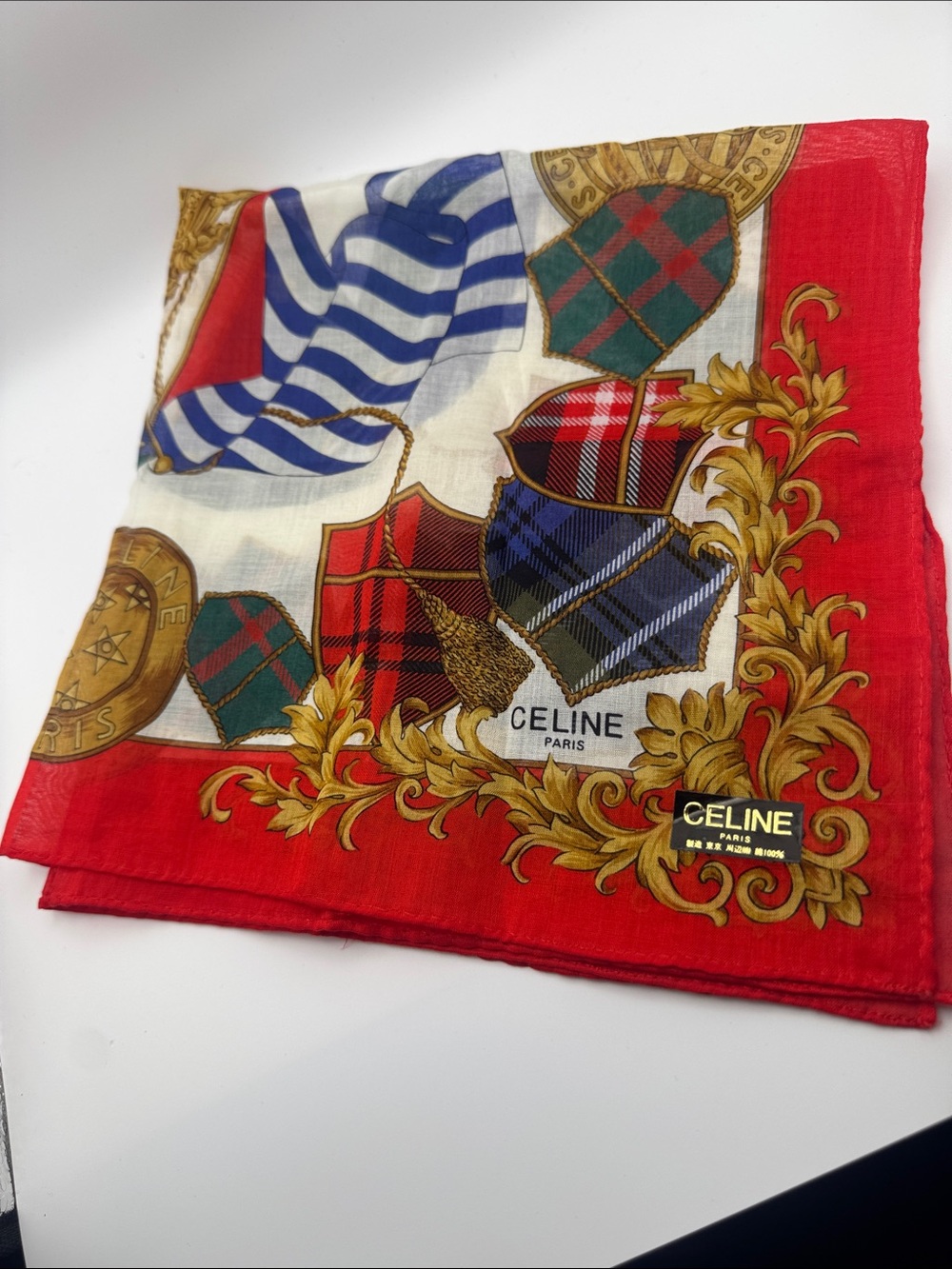 Celine Red Multicolor Crest & Tartan Scarf